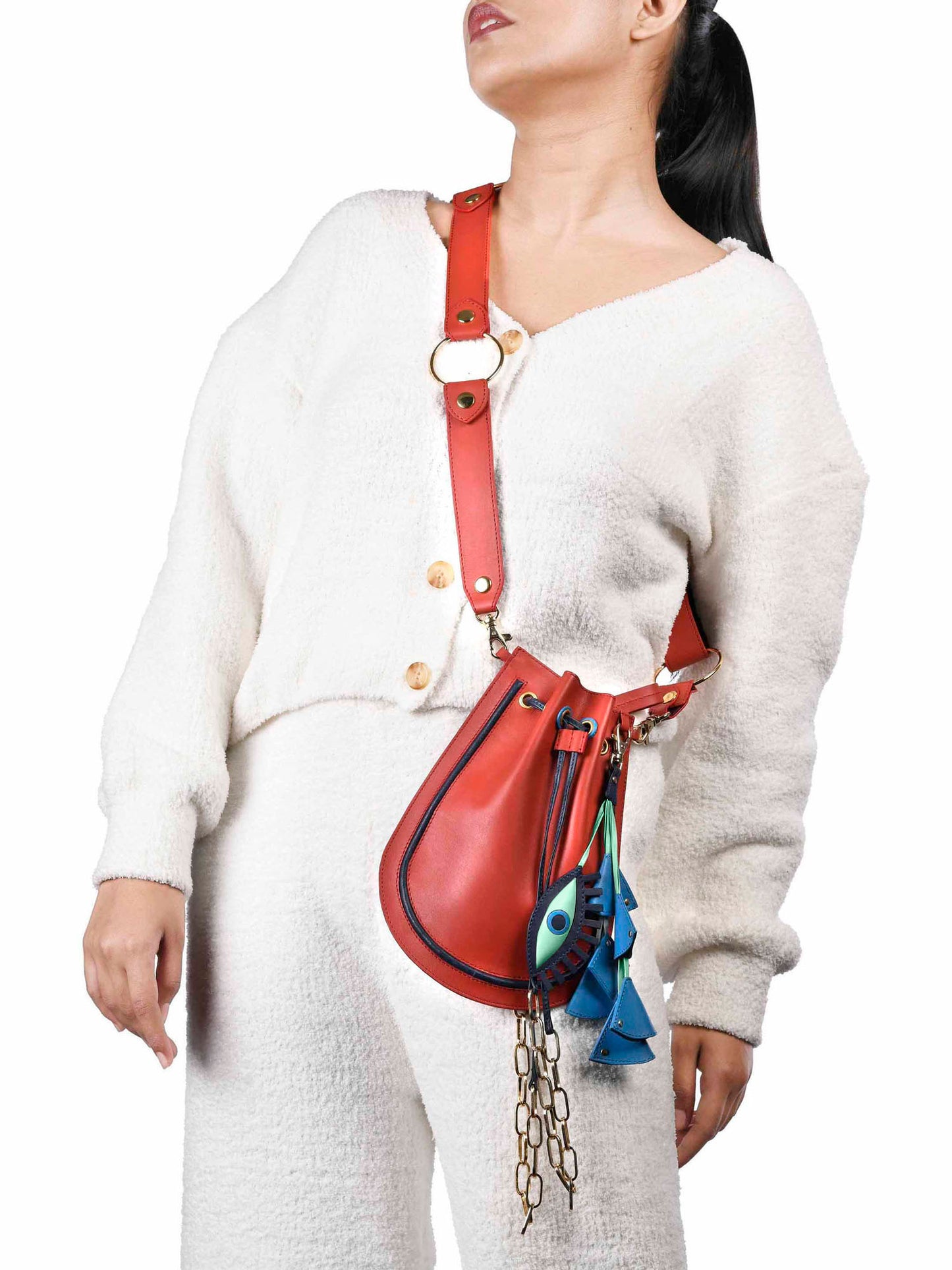 Strap Belt and Red Potli Bag with Evil Eye Charm