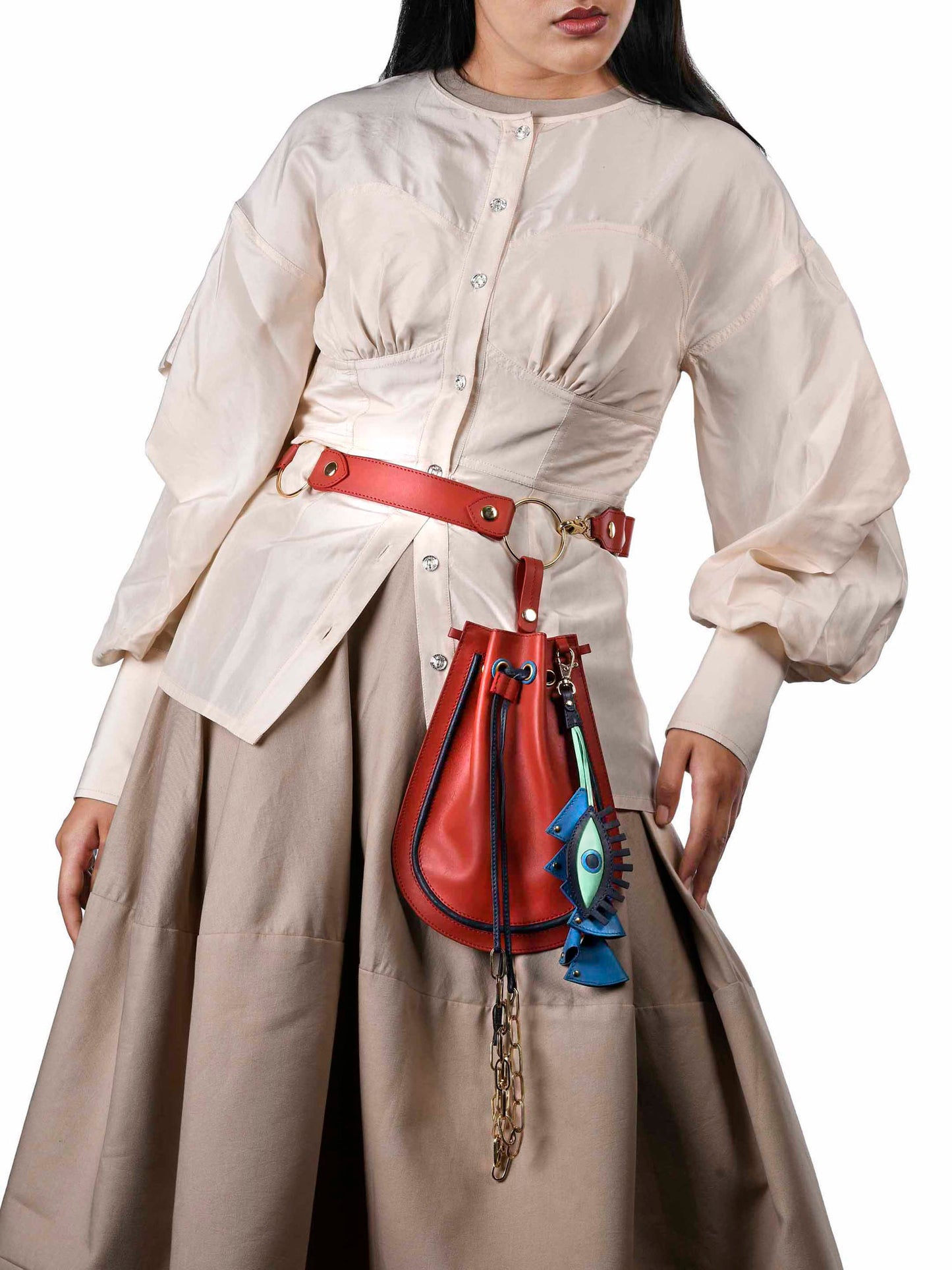 Strap Belt and Red Potli Bag with Evil Eye Charm